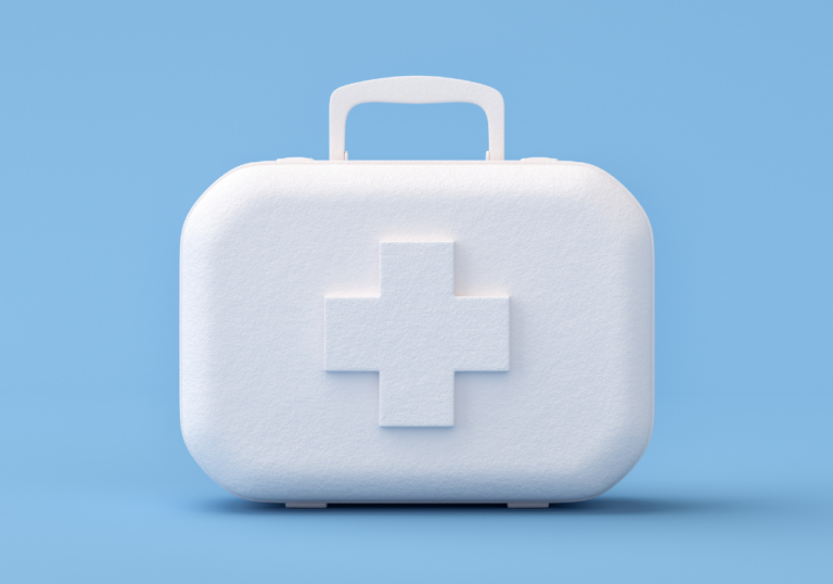 an all white emergency kit on a baby blue background